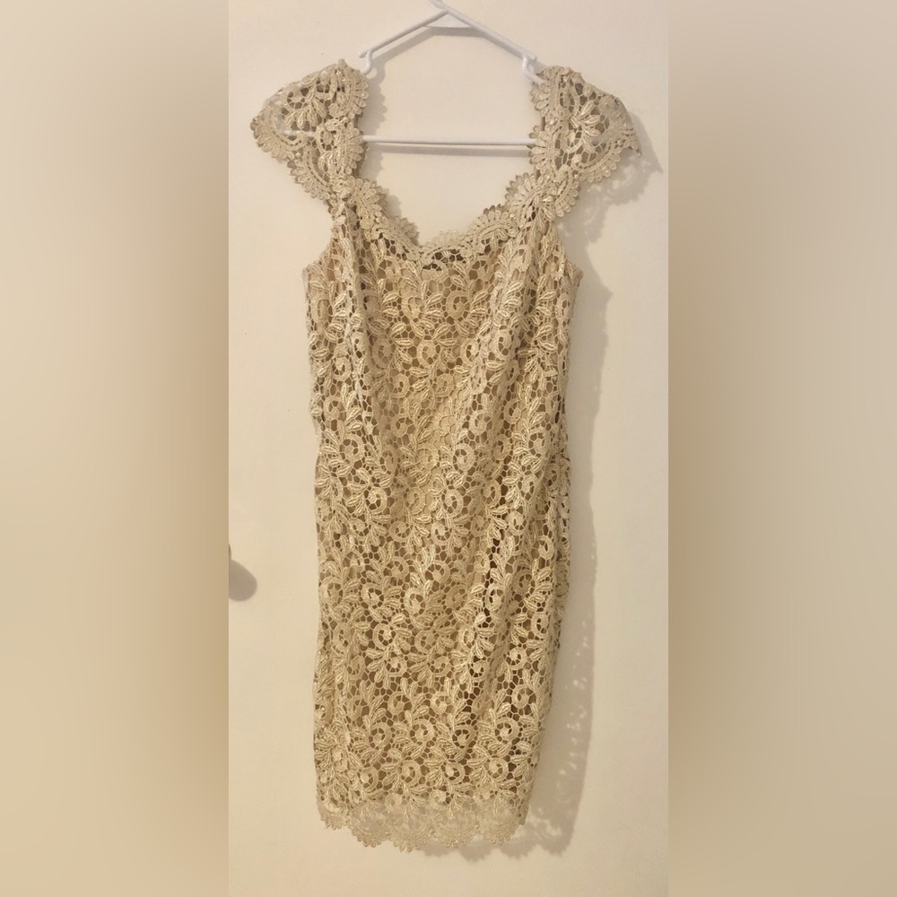NWT Betsy & Adam Cap-Sleeve Champagne Gold Metallic Lace Midi Dress Cream hoco